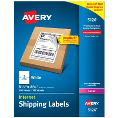 Avery Half-Sheet Printable Shipping Labels, 5.5" x 8.5" Customizable Stickers, White, 200 Blank Mailing Labels, Great for Mailing, Shipping, Organizing, and More (5126)