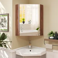 Corner Medicine Cabinet with Mirror with Open Mirror Door and Adjustable Shelf Brown