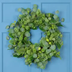 Northlight Seeded Eucalyptus with Sweet Gum Flowers Artificial Spring Wreath - 24" Green