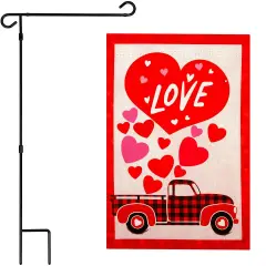 G128 Combo Pack: Garden Flag Stand 36x16IN & Garden Flag Happy Valentine's Day Love Truck Printed 12x18IN Double Sided