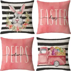 Pink Easter Pillow Covers 18x18 Set of 4 Spring Easter Throw Pillow Covers Easter Rabbit Bunny Eggs