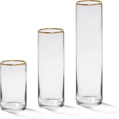 4E's Novelty Set of 3 Glass Cylinder Vases for Centerpieces, 6, 9, 10.5 Inch Tall, 3.5"" Wide with Gold Rim, Clear Glass Vase for Candles