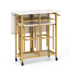 Engineered Wood Metal Dining Table Set with Extendable Top Wine Rack and Space-Saving Stools White