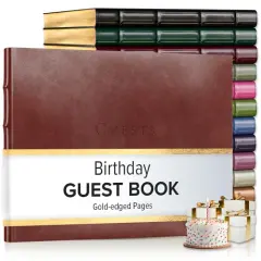 Gallery Leather Birthday Guest Book for Party Celebrations - Hardcover, Bound Leather Sign in Guest Book with 192 Lined Pages for Messages & Photos - 7" x 9" Acadia Tan
