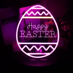 Happy Easter Neon Sign Easter Festival Lighted Window Decorations LED Aesthetic Living Room Decor Rabbit Decorative Neon Window Lights for Girls Kids Bedroom Wall Home