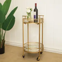 29.50"H Deluxe 2-Tier Metal Round Mirrored Bar Cart-Golden