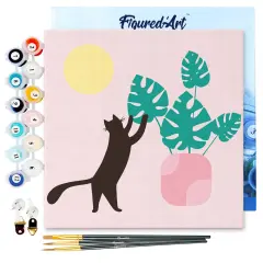 Figured'Art Mini Paint by Numbers Kit for Adults with Frame Cat plays with Monstera Small format 8"x8" - Craft Art Painting DIY Canvas Already Stretched on a Wooden Frame