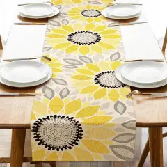 Fall Abstract Sunflower Table Runner, Autumn Flower Floral Geometry Kitchen Dining Table Decoration, Spring Summer Seasonal Burlap Indoor Outdoor Home Decor Party Supply 13 x 72 Inches