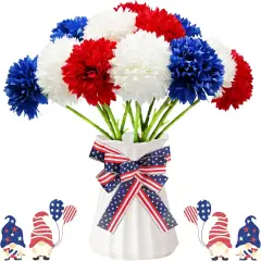 Artificial Flower Patriotic Bouquet Red White and Blue Faux Ball Chrysanthemum Centerpiece