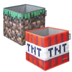 Minecraft: Fabric Storage Boxes: 2pc - TNT & Grass Block - 10" Collapsible Square Cubes, Toys-Games-Clothes Organization, Game Theme Decor, Licensed