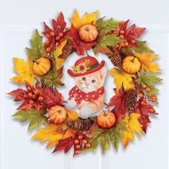 Collections Etc Charming Autumn Cat Artificial Leaves and Pumpkins Hanging Wreath
