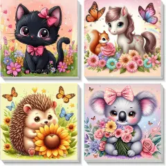 8X8inch - 4 Pack Animals Paint by Numbers Kit for Kids with Frame