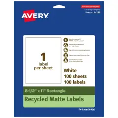 Avery Recycled Matte White Labels,8-1/2" x 11" Rectangle