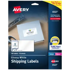 Avery Shipping Labels with Sure Feed and Easy Peel Technology, Glossy White Labels, 2" x 4", Permanent Adhesive, Laser/Inkjet, 100 Glossy Labels (6527)