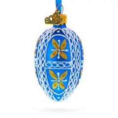 Royal Blue & Gold Floral Lace Mini Glass Egg Ornament 2.9 Inches
