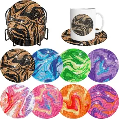 8 Pcs Diamond Art Painting Coasters Kits Marble Ocean Diamond Art Coasters with Holder DIY Diamond Dot Coaster for Gifts Beginner Adults Art Table Home Craft Gift Supplies