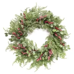 24" Snowy Eucalyptus and Cedar Wreath with Red Berries for Festive Winter Door or Wall Decor