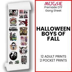 Halloween Boys Of Fall DTF Transfers 22x60 Direct-to-Film Gang Sheet Iron On Transfers - 12 Adult Prints And 2 Pocket Prints