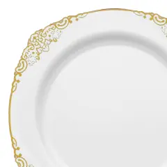 White with Gold Fancy Round Disposable Plastic Salad Plates - 7.5" (120 Plates)