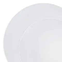 White with Silver Rim Organic Round Disposable Plastic Dinnerware Value Set (120 Guests)