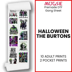The Burtons Halloween DTF Transfers 22x60 Direct-to-Film Gang Sheet Iron On Transfers 10 Adult Prints and 2 Pocket Prints