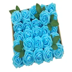 25pcs Artificial Flowers Real Looking Foam Roses Decoration DIY Light blue