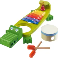 HABA Wooden Musical Instrument Set &ndash; Symphony Croc 5-in-1 Toddler Instruments with Drum, Xylophone, Guiro, Bell & Mallets Multicolor