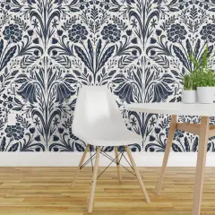 Pre-Pasted Wallpaper 2FT Wide Navy Flowers Cream Blue Botanical Block Print Summer Garden Cottagecore Custom Pre-pasted Wallpaper by Spoonflower