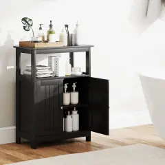 Freestanding Bathroom Storage Cabinet with Open Compartment and Adjustable Shelf Black