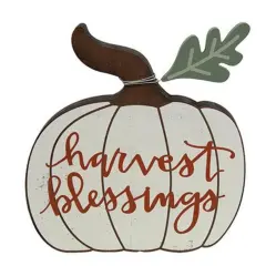 Harvest Blessings Pumpkin Sitter with Green Leaf Accent for Autumn Decor