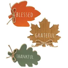 3 Asstd. Fall Wooden Leaf Sitters Set Thankful Grateful Blessed Table Shelf Decor