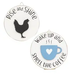 Wooden Round Signs with Easel Stand, Coffee and Rooster Cut-Out 2 Asstd.
