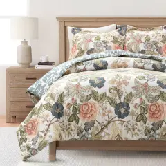 Floral Soft Cotton Blend Comforter 3 Piece Set Reversible Printed Quilt with Pillow Shams
