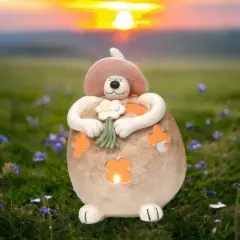 Clay Fat Cat Holding Flowers Tealight Candle Holder, Home D&eacute;cor, Gift for Her, Gift for Mom, Kitchen D&eacute;cor, Cat Lovers Gift, Pet Loss Gift