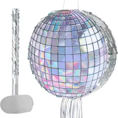 Disco Ball Pi&ntilde;ata - Disco Party Decoration for Adult Birthday Party Supplies Hanging Disco Pi&ntilde;ata with Bat Blindfold Mirror Roller Skating Pull String, 12.2&rdquo; x 12.2&rdquo;