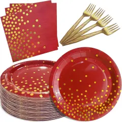 Red and Gold Party Supplies,Serves 35 Guests 7" Red Paper Plates Napkins,Birthday Plates and Napkins for Wedding Graduation