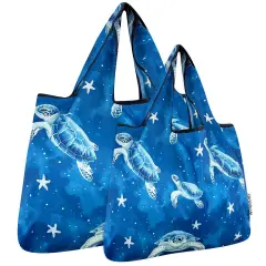 Wrapables Large & Small Foldable Tote Nylon Reusable Grocery Bags, Set of 2, Astro Turtles