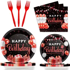 96 Pieces Red and Black Tableware Set Confetti Sprinkles Happy Birthday Party Decorations Table Decors for Men Women Plates Napkins Forks for 24 Guests