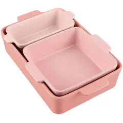 Best Choice Products Ceramic Bakeware Set of 3 Casserole, Loaf, and Square Dishes w/ Handles Pink Champagne