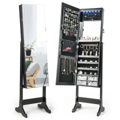 Costway Jewelry Cabinet Armoire Full Length Frameless Mirror Lockable with Lights White/Black/Rustic Brwon