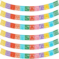 6 Packs Mexican Banners 132 Ft(22ft x 6) Papel Picado Banner, Large Plastic Mexican Fiesta Banners Cinco de Mayo Party Fiesta Decorations Mexican Themed Birthday Party Supplies 12 Patterns with String