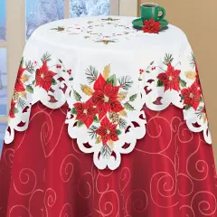 Collections Etc PoinEmbroidered Poinsettia Bouquet Festive Table Linenssettia Bouquet Table Topper