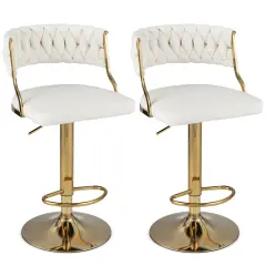 Costway Swivel Velvet Bar Stools Set of 2 Upholstered Adjustable with Woven Backrest Grey/Beige/Yellow