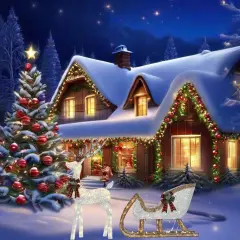 Silver Cotton Thread Deer and Sleigh Set 48" Deer & 38" Sleigh Decor