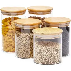 5-Pack Glass Canisters with Bamboo Lids, 3 Sizes for Pantry Storage Clear