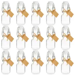 15 Pack Small Swing Top Glass Bottles with Lids, 2 oz/ 60 ml with Tags and Jute Twine for Wedding Party Favors Clear