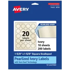 Avery Pearlized Ivory Square Scalloped Labels with Sure Feed Technology, Print-to-the-Edge, 1-5/8" x 1-5/8"