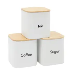 Coffee Tea Sugar Container Set - White Iron Kitchen Canister Set with Bamboo Lids (3 Pieces, 48 oz)