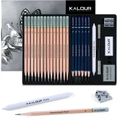 25-Piece Professional Graphite Sketch Pencil Set with Matte and Regular Pencils - Includes Vinyl Eraser, Kneaded Eraser, Sharpener, Pencil Extender and Blending Stump - Ideal for Artists and Beginners