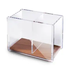 Acrylic Pen Holder, Large Capacity 2 Compartments with Wood Base, Pencil Cup Desk & Makeup Brush Organizer (4.9" x 4" x 2.9") Clear
